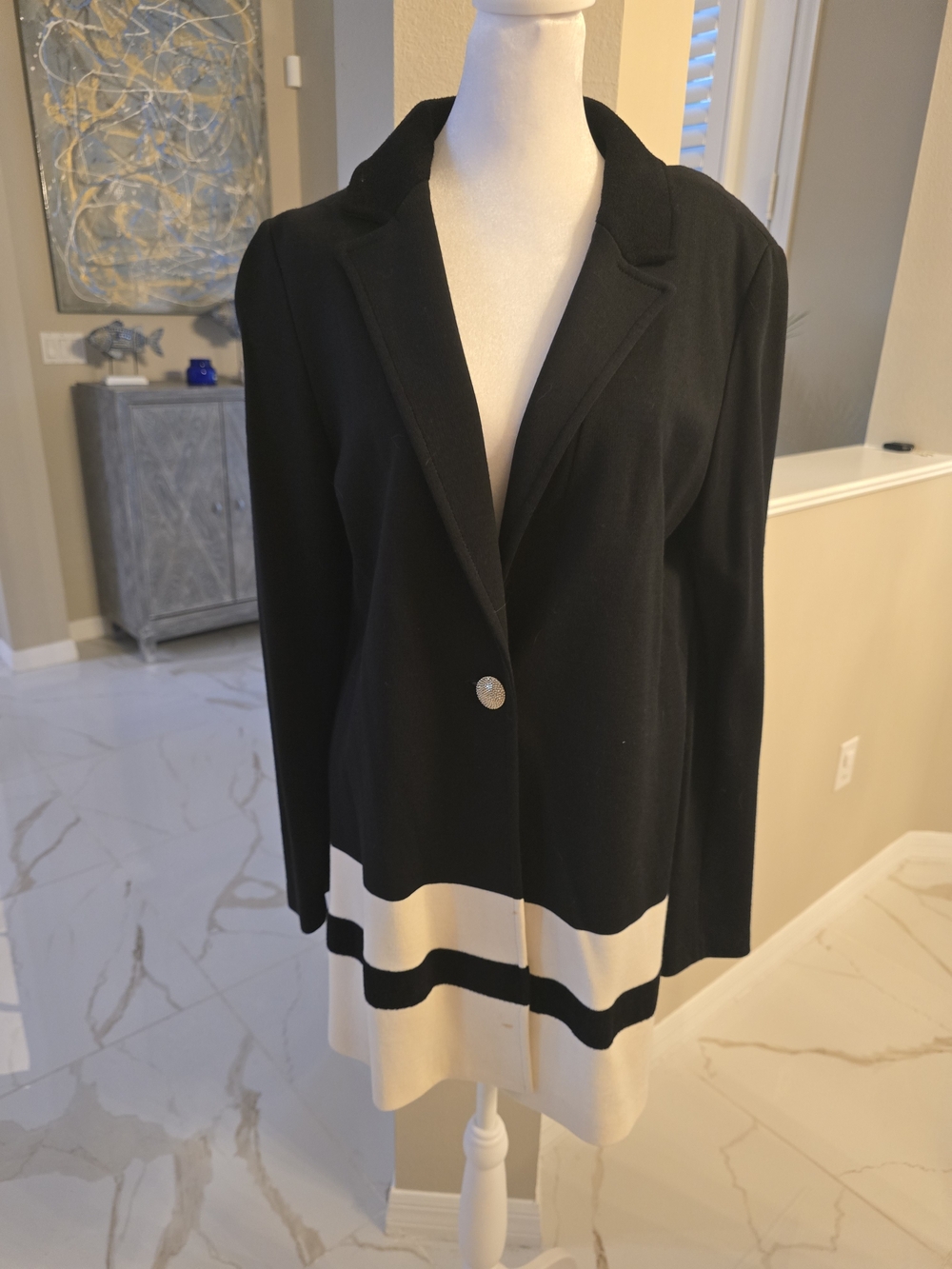 St. John Black Blazer with Cream Hem and Stripe